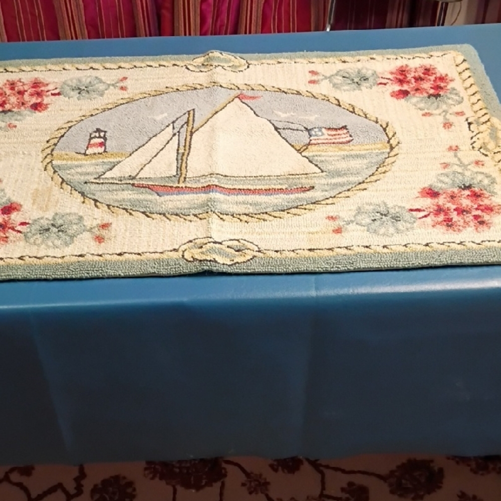 Antique Nautical Sailboat Rug Tapestry Sailboat Lighthouse- Cream, Blue, Red